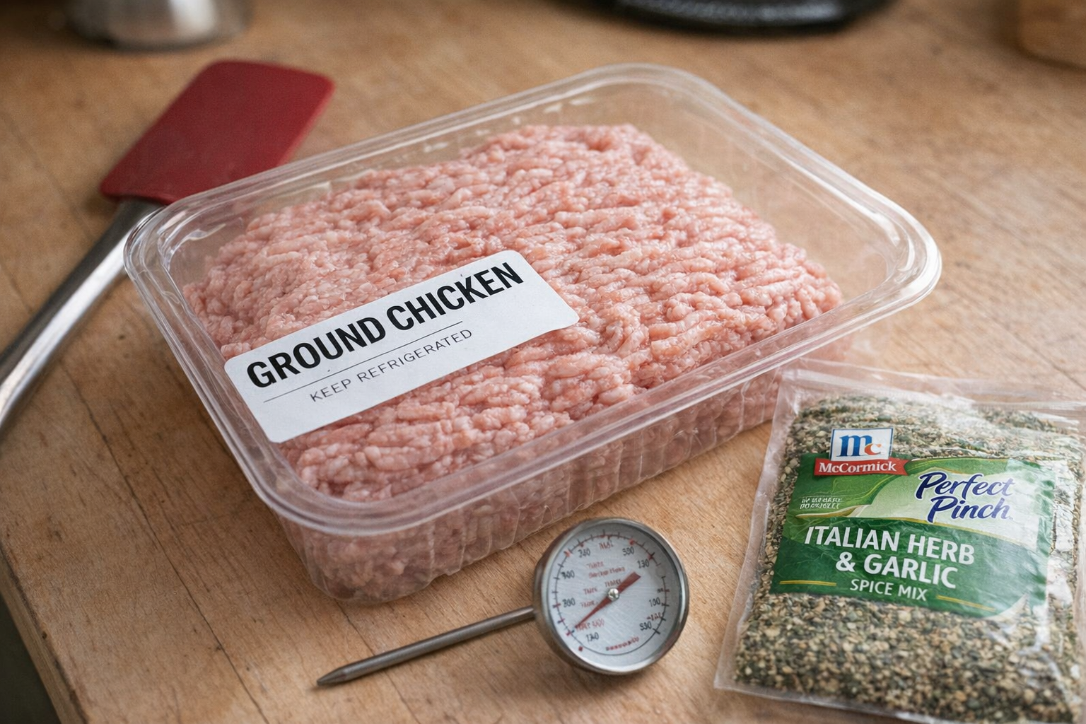 A close-up shot of ground chicken in its packaging, next to essential tools: a spatula, a thermometer, and a package of spices. Focus on the texture of the meat and the labels of the spices.
